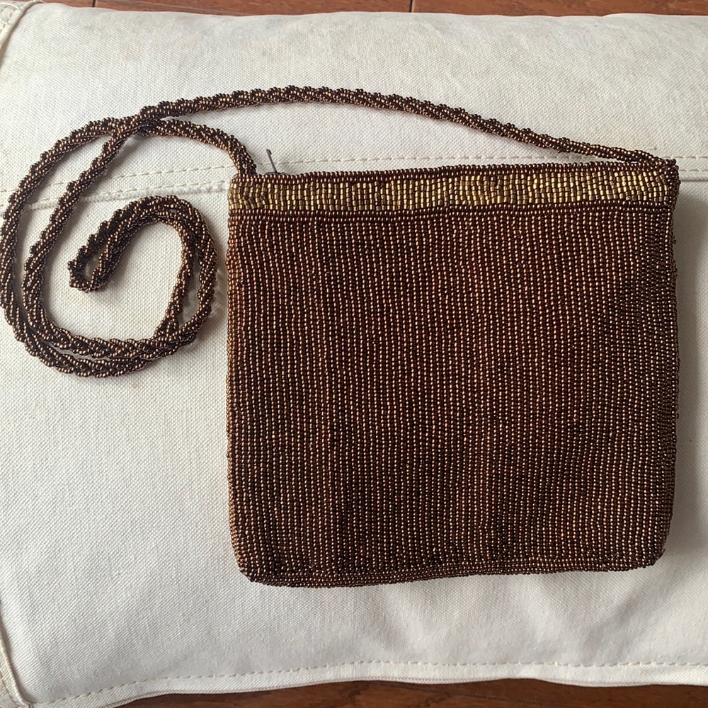 Walborg Vintage Brown Gold Beaded Mini Bag Evening Purse Cocktail Wedding